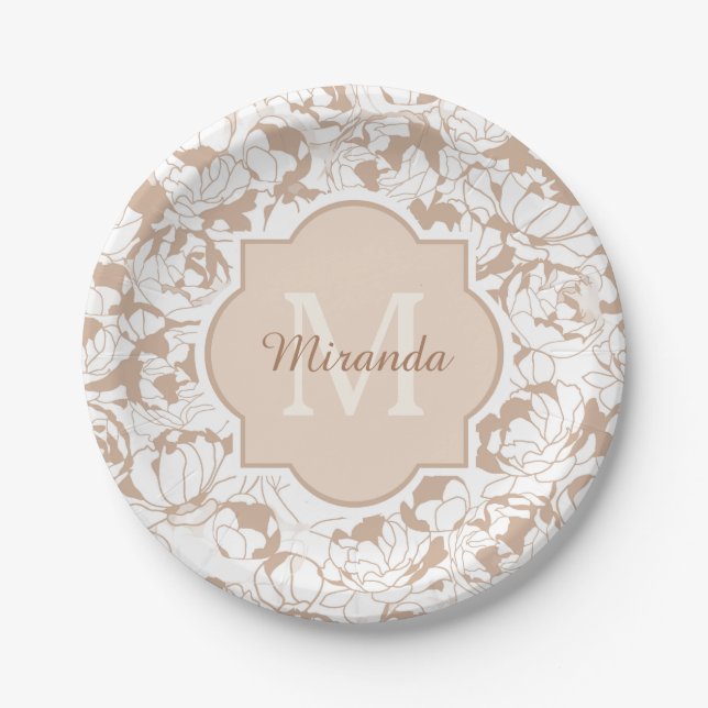 Moderne Tan Floral Girl Monogramm mit Namen Pappteller (Vorderseite)