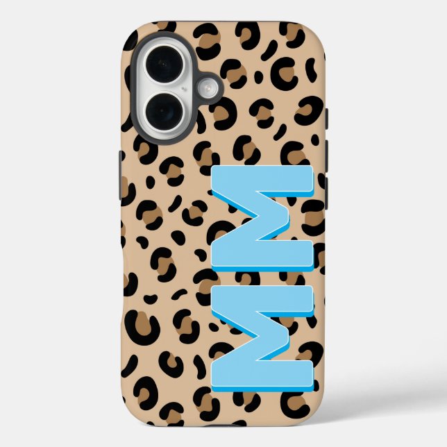 Moderne Tan Leopard Print Blau Schatten Monogramm  iPhone 16 Hülle (Rückseite)