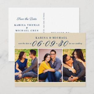 Moderne Tan-Navy-Fotocollage - Hochzeitseinladungs Ankündigungspostkarte