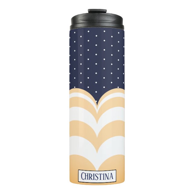 Moderne Tan Scallops & Polka Dots mit Namen Thermosbecher (Vorderseite)