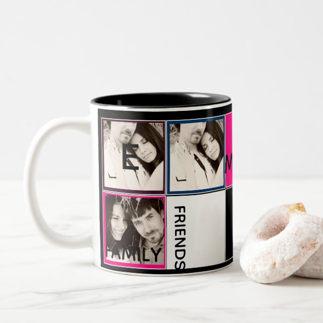 Moderne Tasse für FotoCollage Monogram Pink Black (Mit Donut)