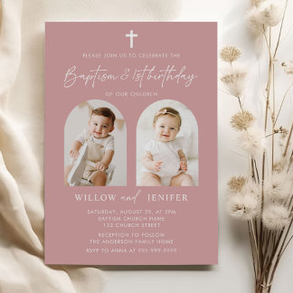 Moderne Taufe & 1. Geburtstag Twins Boy and Girl Einladung