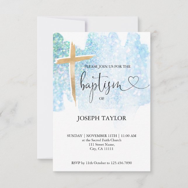 Moderne Taufe Blue Watercolor Cross Christening Einladung (Vorderseite)