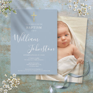 Moderne Taufe Christening Dusty Blue Foto Einladung