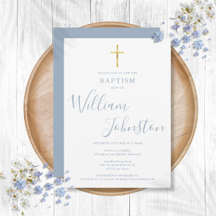 Moderne Taufe Christening Gold Kreuz Staubblau Einladung