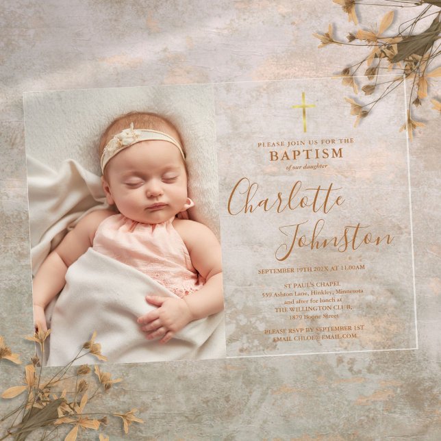 Moderne Taufe Christening Golden Script Foto Acryleinladungen (Modern Baptism Christening Golden Script Photo Acrylic Invitations)