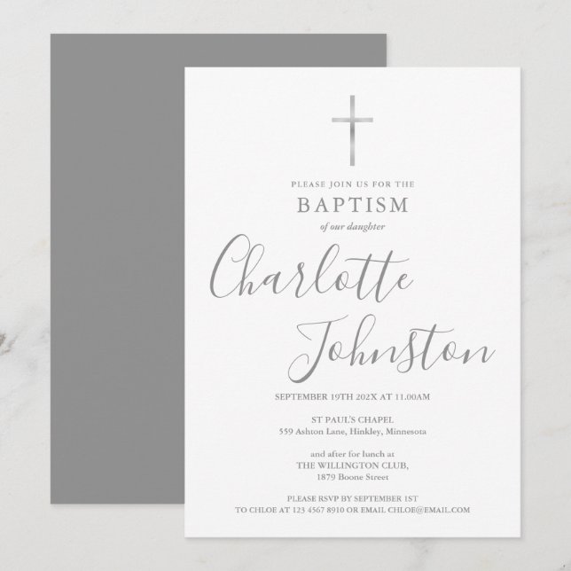 Moderne Taufe Christening Silver Signature Einladung (Vorne/Hinten)