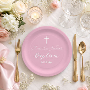 Moderne Taufe Christening Weiße Kreuz Staubrosa Pappteller