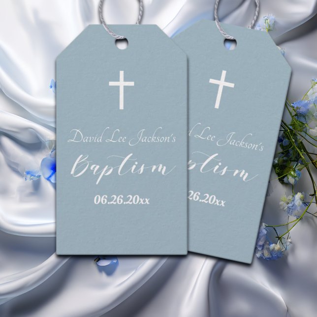 Moderne Taufe Christening White Cross Dusty Blue Geschenkanhänger (Von Creator hochgeladen)