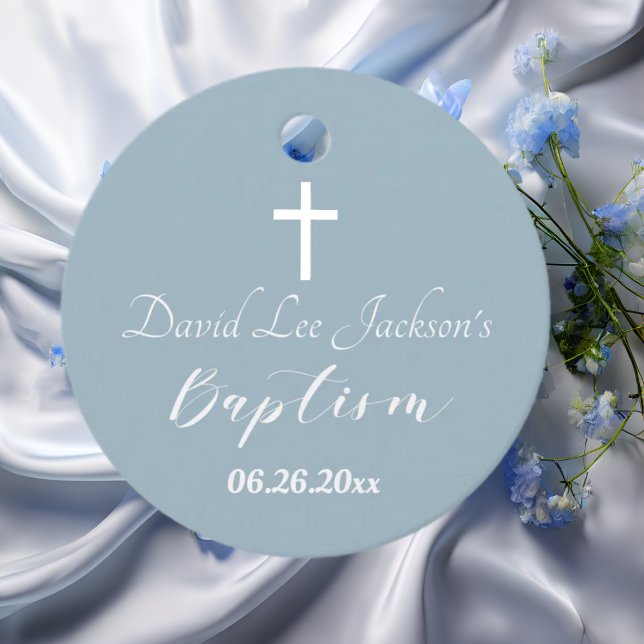 Moderne Taufe Christening White Cross Dusty Blue Geschenkanhänger (Von Creator hochgeladen)