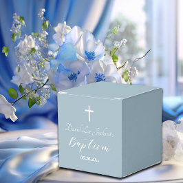 Moderne Taufe Christening White Cross Dusty Blue Geschenkschachtel