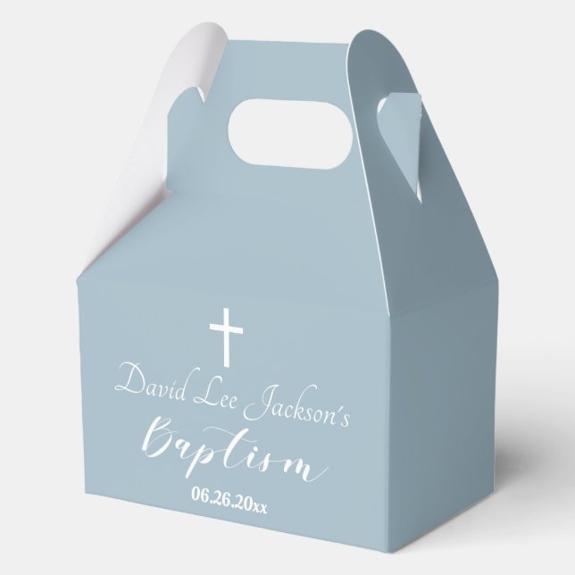 Moderne Taufe Christening White Cross Dusty Blue Geschenkschachtel (Vorderseite)