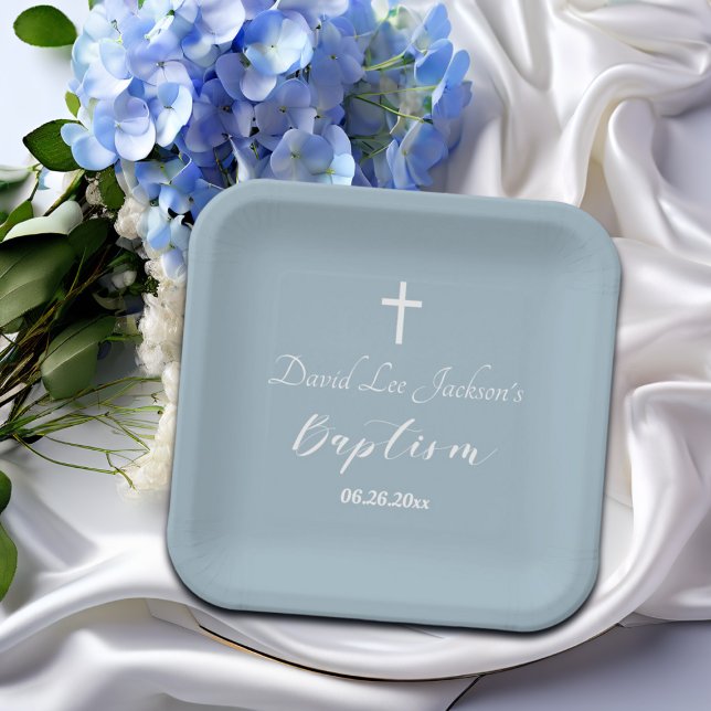 Moderne Taufe Christening White Cross Dusty Blue Pappteller (Von Creator hochgeladen)
