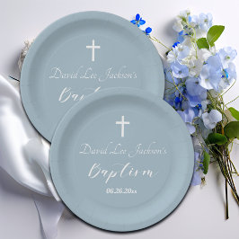 Moderne Taufe Christening White Cross Dusty Blue Pappteller