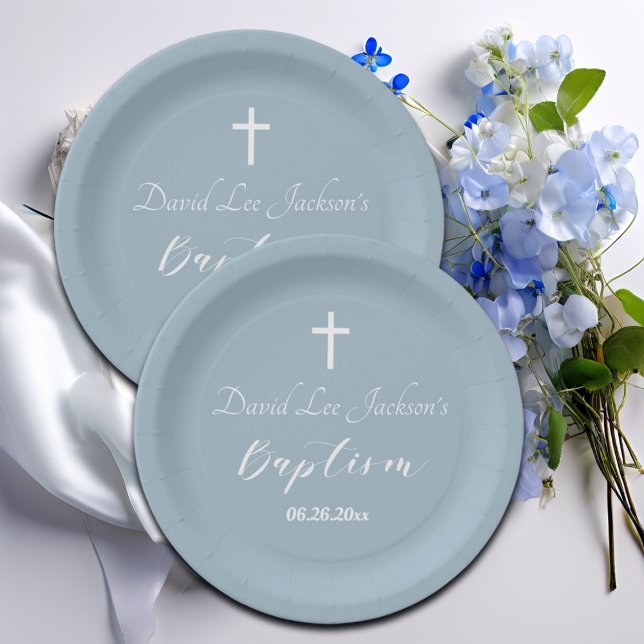 Moderne Taufe Christening White Cross Dusty Blue Pappteller (Von Creator hochgeladen)