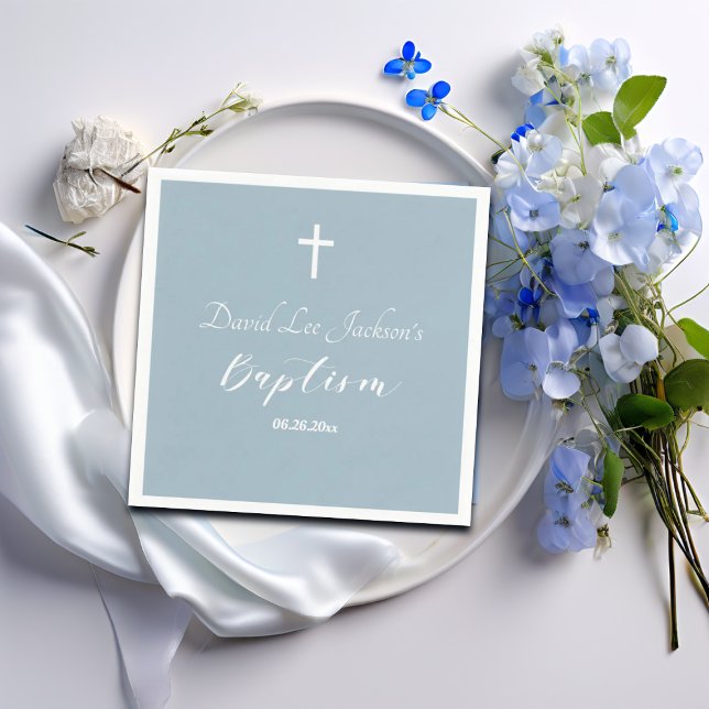 Moderne Taufe Christening White Cross Dusty Blue Serviette (Von Creator hochgeladen)
