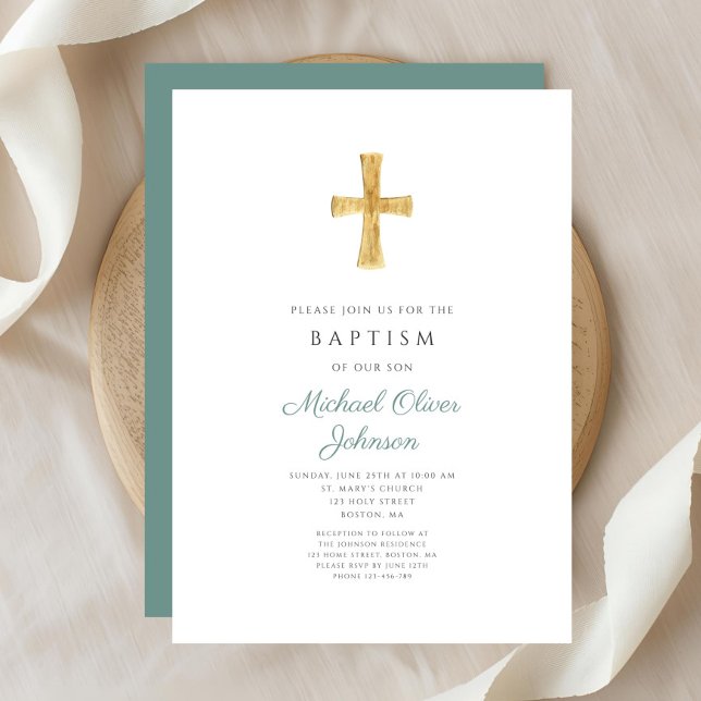 Moderne Taufe des Grünen Kreuzes Einladung (Modern Green Cross Religious Boy Baptism Invitation)