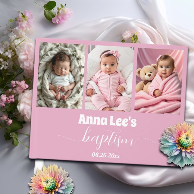 Moderne Taufe Foto Collage Dusty Pink Gästebuch (Von Creator hochgeladen)