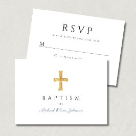 Moderne Taufe mit blauem Script Cross Boy RSVP Karte