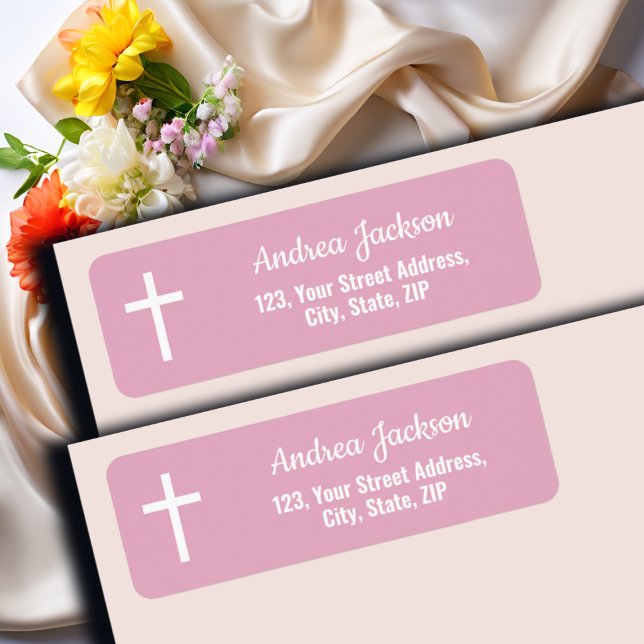 Moderne Taufe Weißes Kreuz Rosa Rücksendeadresse (Von Creator hochgeladen)