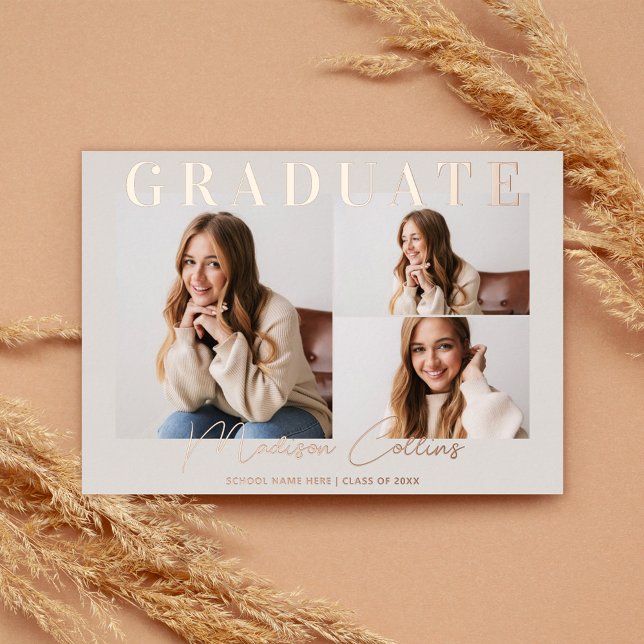 Moderne Taupe 3 Foto Abschluss Rose Gold Folieneinladung (Von Creator hochgeladen)