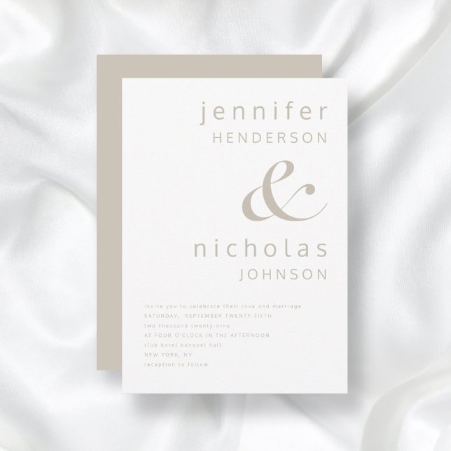 Moderne Taupe Ampersand Hochzeit Einladung (Front / Taupe Beige Simple Modern Typography Wedding Invitation)