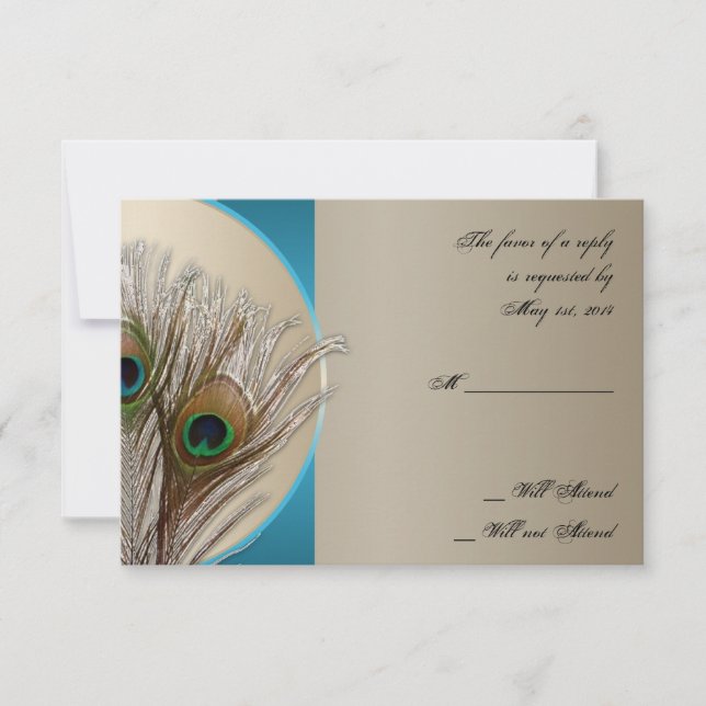 Moderne Taupe Aqua Peacock Feather Response Card RSVP Karte (Vorderseite)