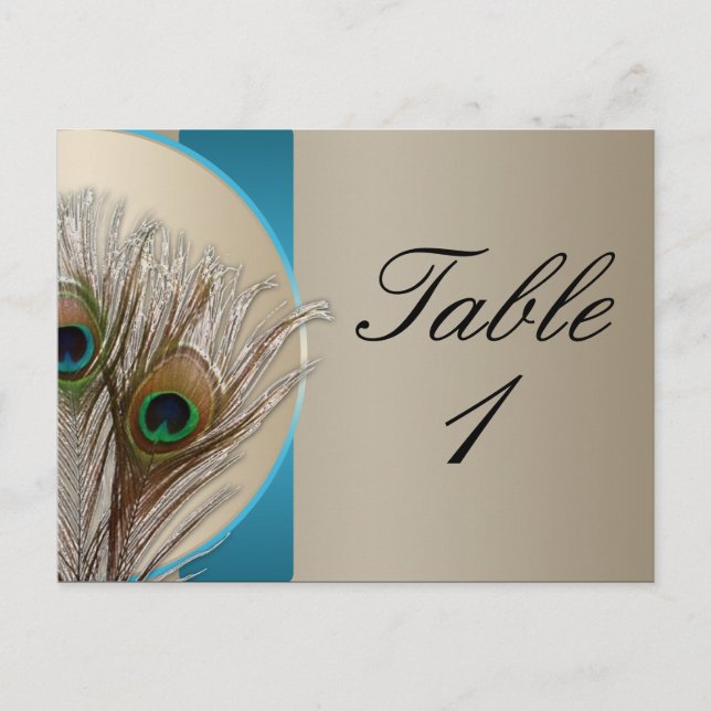 Moderne Taupe Aqua Peacock Feather Tischnummer (Vorderseite)