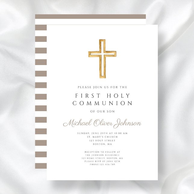 Moderne Taupe Cross Boy Erste Kommune Einladung (Modern Taupe Cross Boy First Communion Invitation)