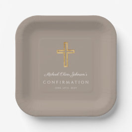 Moderne Taupe religiöses Kreuz Jungen Konfirmation Pappteller