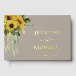 Moderne Taupe Sonnenblume Hochzeit Gold Gästebuch