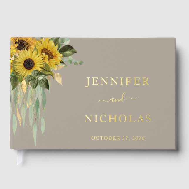 Moderne Taupe Sonnenblume Hochzeit Gold Gästebuch (Vorderseite)