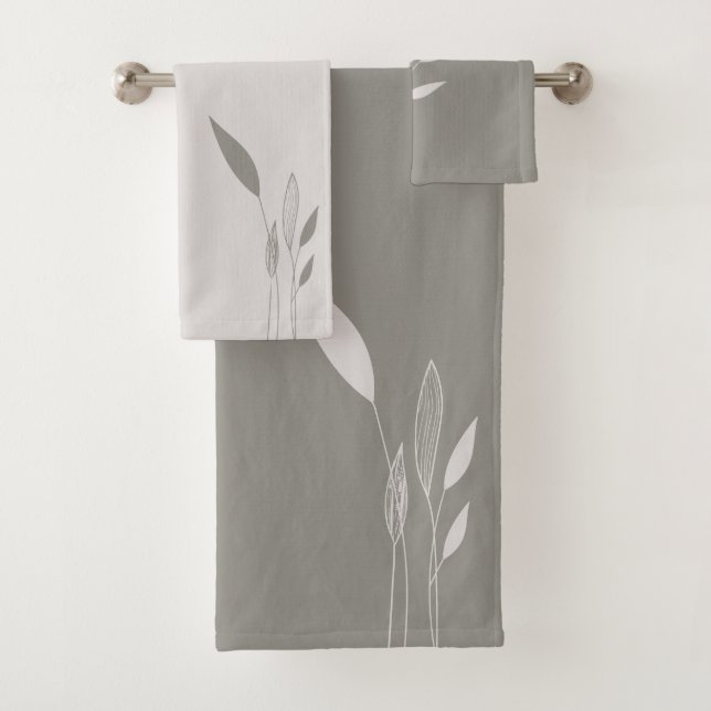 Moderne Taupe- und Tan-Tall-Blätter Badhandtuch Set (Insitu)