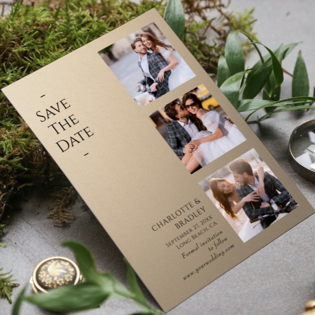 Moderne Taupe-Vier-Foto-Hochzeit Save The Date (Von Creator hochgeladen)