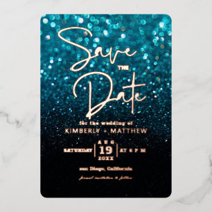 moderne Teal Blau Glitter Save the Date Hochzeits- Folieneinladung