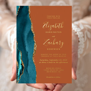 Moderne Teal Blau Gold Achat Rost Hochzeit Folieneinladung