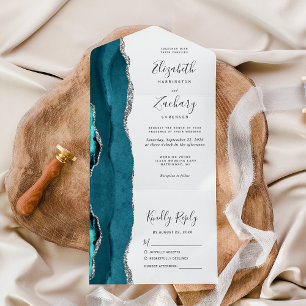 Moderne Teal Blau Silber Achat Hochzeit All In One Einladung