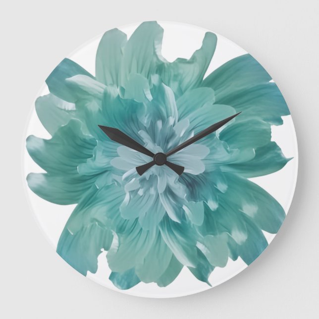 Moderne Teal-Bloom-Kunstuhr – Große Blüte Wanduhr (Vorderseite)
