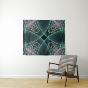 Moderne Teal-Geometrie-Fraktal-Kunstgrafik Wandteppich