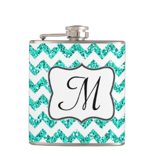 Moderne Teal Glitter Chevron Monogramm Whiskyflasc Flachmann