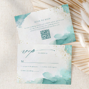 Moderne Teal Gold Abstrakte Strandhochzeit QR Code RSVP Karte