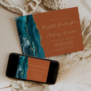 Moderne Teal Gold Achat Verbranntes Orange Hochzei Einladung