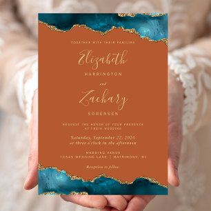 Moderne Teal Gold Achat Verbranntes Orange Hochzei Einladung