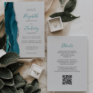 Moderne Teal Silber Achat Grau QR Code Hochzeit Einladung