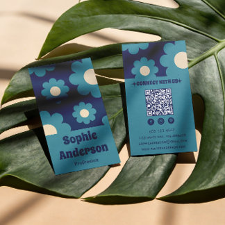 Moderne Tealblaue Retro-Blumenmuster mit QR-Code Visitenkarte