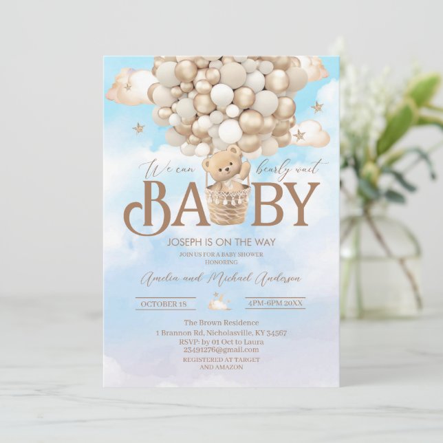 Moderne Teddybär Aquarell Babydusche Einladung (Stehend Vorderseite)