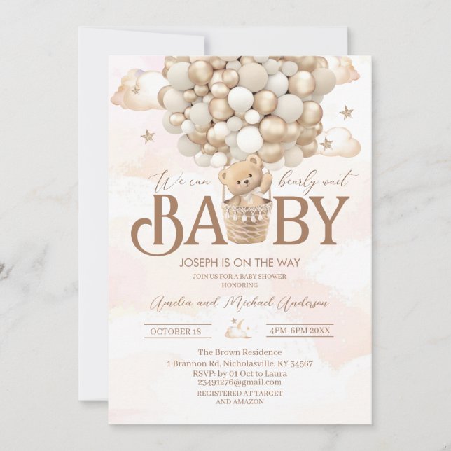 Moderne Teddybär Aquarell Babydusche Einladung (Vorderseite)