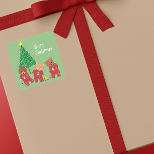 Moderne Teddybären in Weihnachten Pajamas mit Bäum Quadratischer Aufkleber
