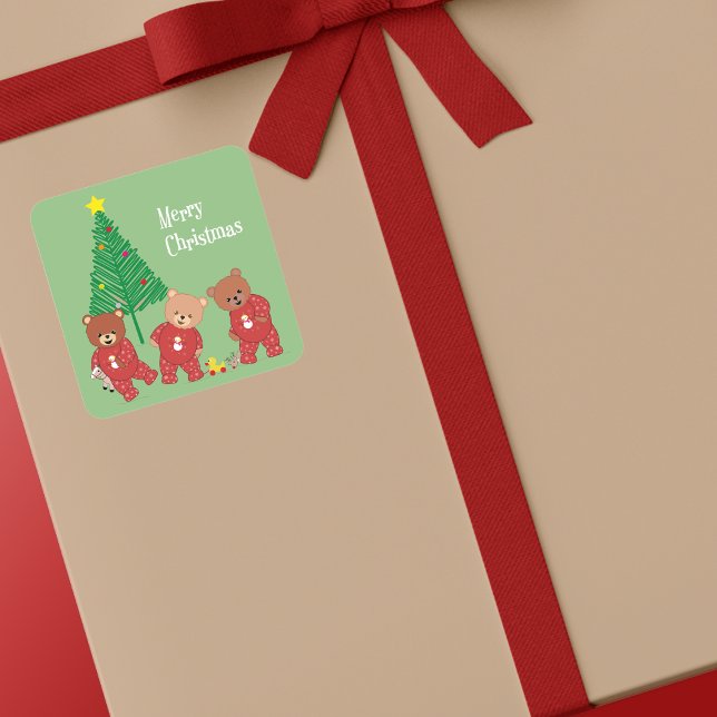 Moderne Teddybären in Weihnachten Pajamas mit Bäum Quadratischer Aufkleber (3 Toddler Teddies In Baby Gros Sticker)