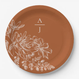 Moderne Terra Cotta Monogram Floral Pappteller